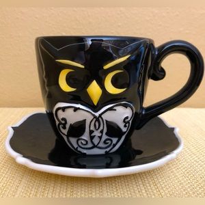 BLUE SKY CLAYWORKS Ceramic Owl Cup & Saucer Set Black/White Halloween~RARE~NWT